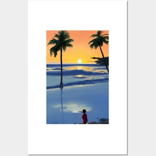 Summer Sunset Kid Palm Tree Beach Ocean Posters and Art